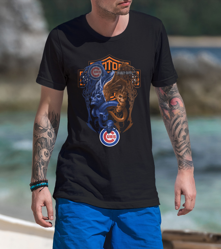 Mlb Cubs Harley Davidson Dual Skull Serpent T-Shirt
