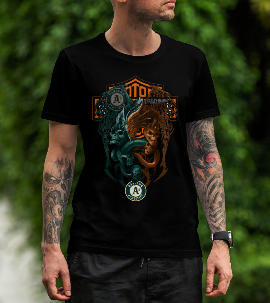 Oakland Athletics Harley Davidson Motorcycles Dual Skull Serpents T-Shirt