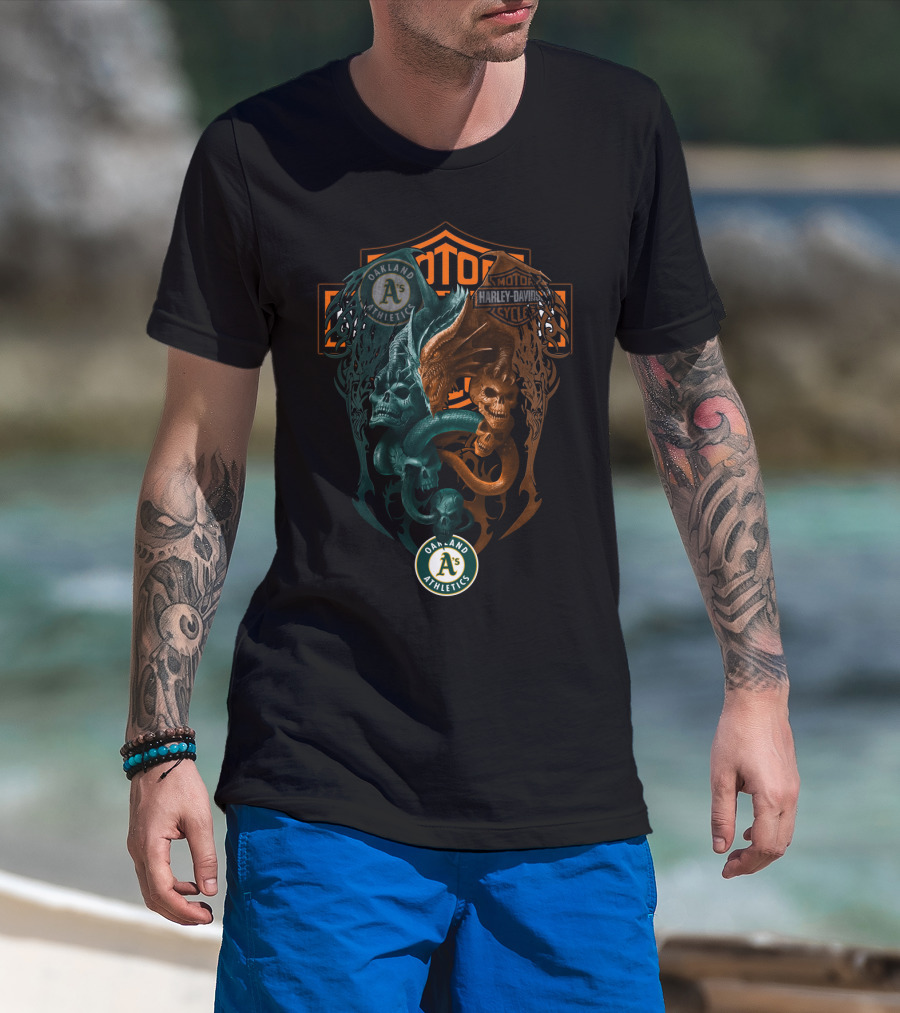 Oakland Athletics Harley Davidson Motorcycles Dual Skull Serpents T-Shirt