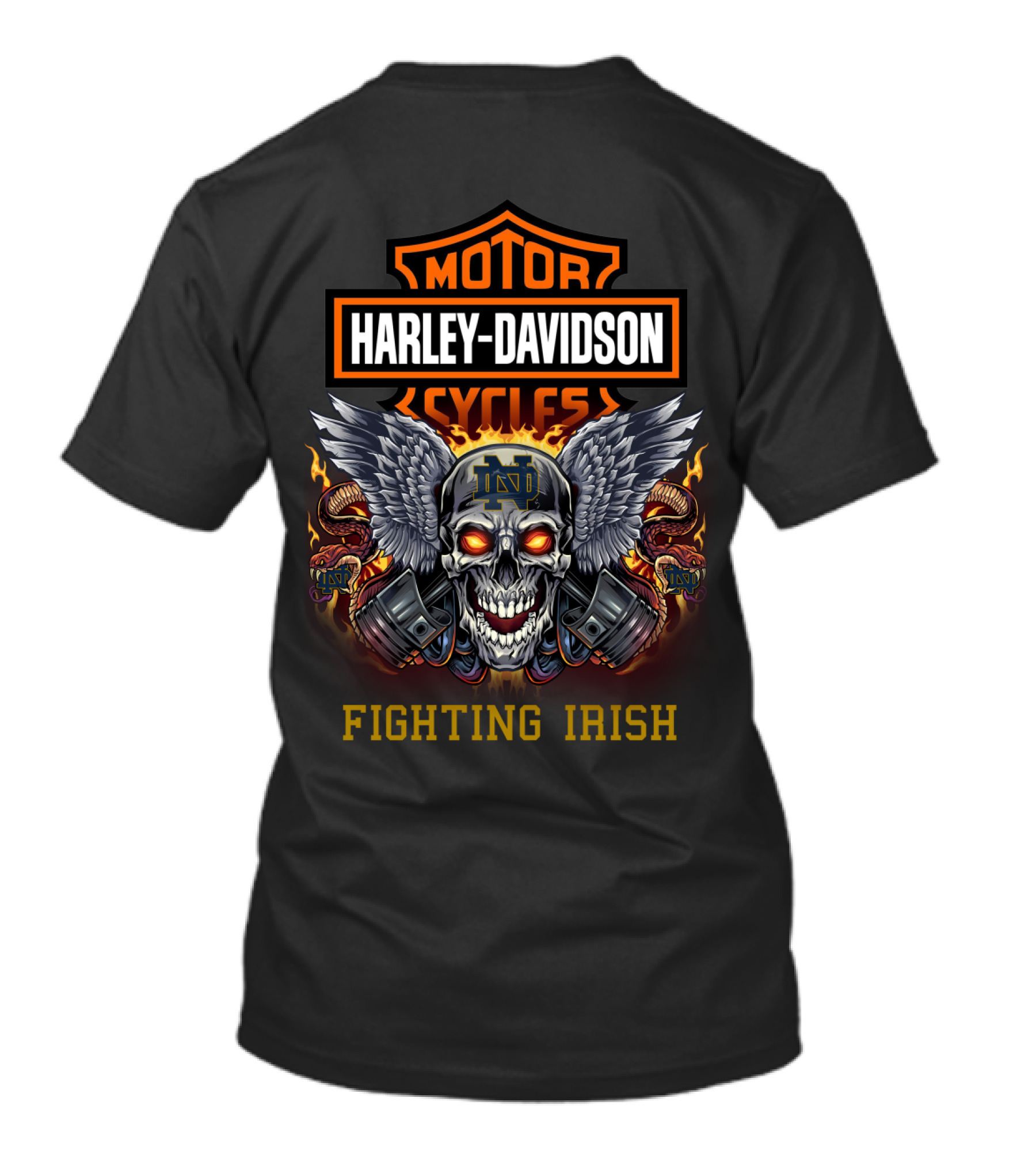 Harley Davidson Cycles Notre Dame Fighting Irish Skull With Wings And Engine Pistons T-Shirt