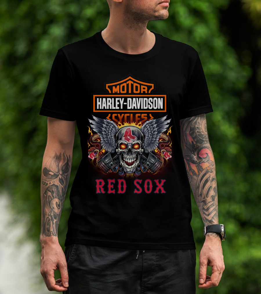 Harley Davidson Cycles Red Sox Skull Wings T-Shirt