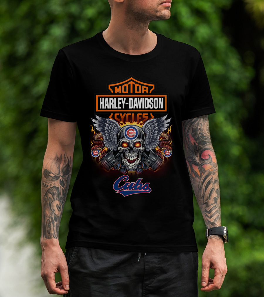 Harley Davidson Motor Cycles Chicago Cubs Skull T-Shirt
