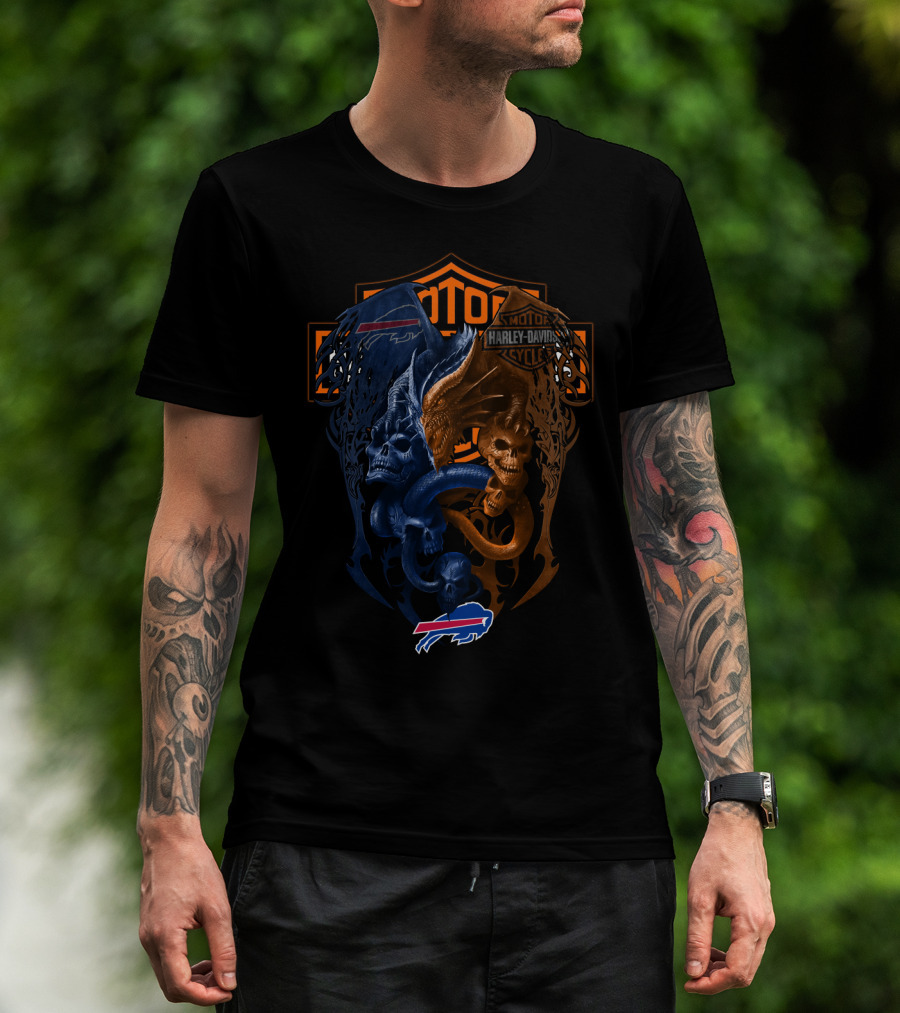Buffalo Bills Harley Davidson Nfl Collaboration With Dual Skull T-Shirt