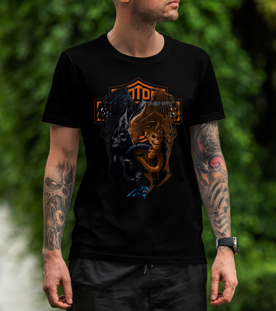 Carolina Panthers And Harley Davidson Skull Emblem Nfl Cp T-Shirt