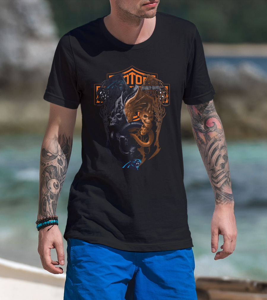 Carolina Panthers And Harley Davidson Skull Emblem Nfl Cp T-Shirt