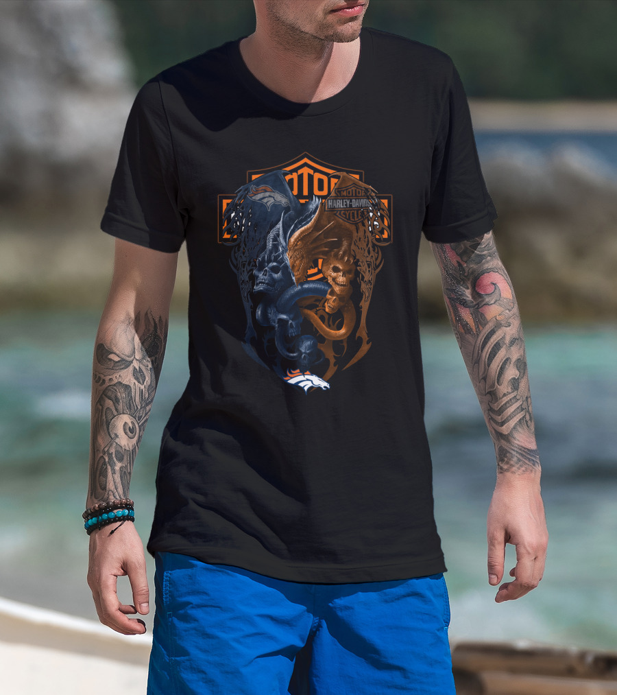 Denver Broncos Harley Davidson Skull Motorcycle T-Shirt