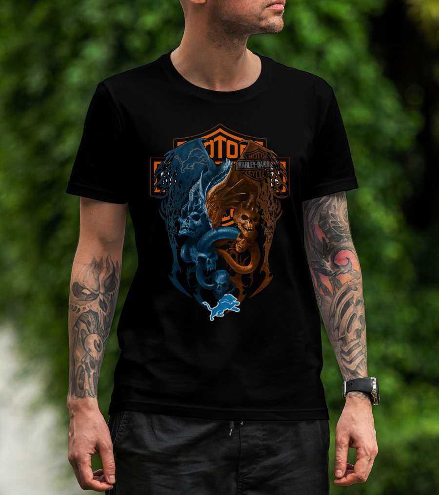 Harley Davidson Motorcycles Detroit Lions Dual Dragon Skulls T-Shirt