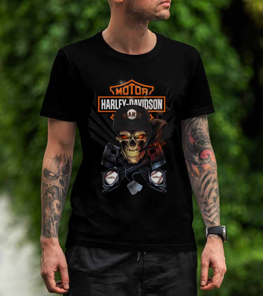 Motor Harley Davidson Giants Skull With Baseball Pistons T-Shirt