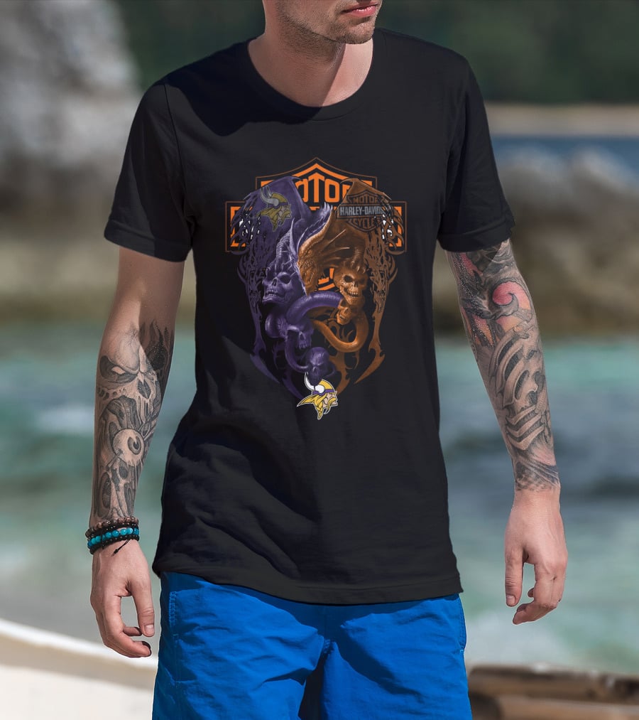 Minnesota Vikings Harley Davidson Skull Serpent Emblem 108 Nfl Mv T-Shirt