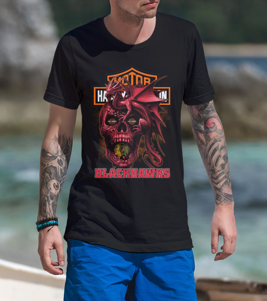 Chicago Blackhawks Red Dragon Skull With Harley Davidson Styles T-Shirt