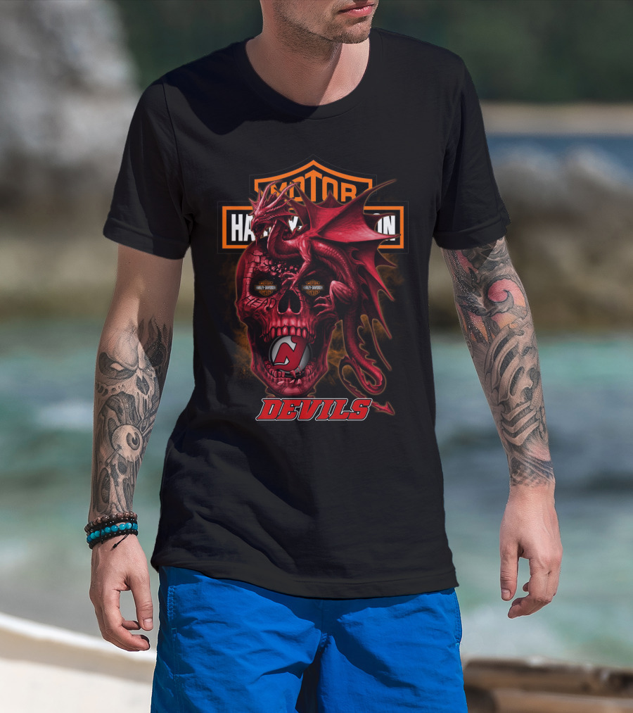 New Jersey Devils Motor Harley Davidson Cycles Red Dragon Skull T-Shirt