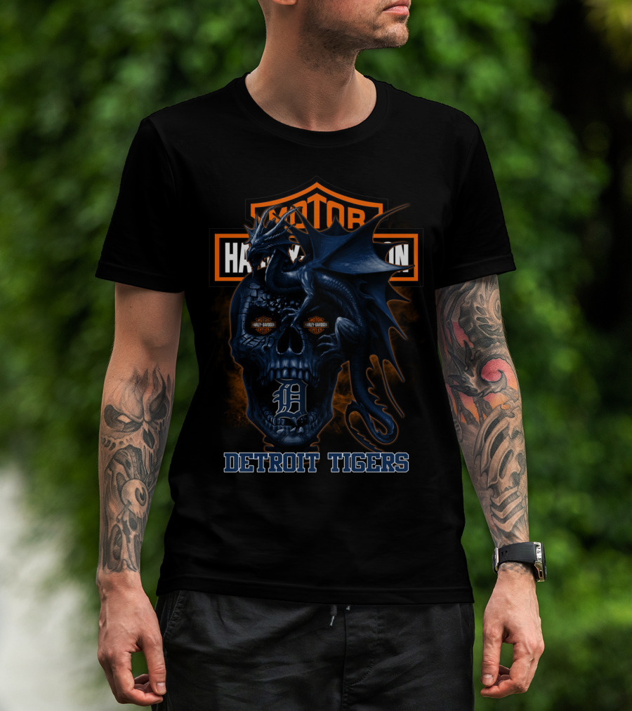Detroit Tigers Harley Davidson Skull Dragon T-Shirt