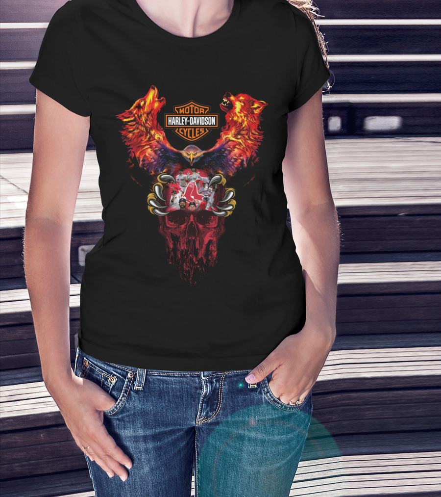 Harley Davidson Motor Cycles Mlb Brs Red Sox Skulls And Wolves T-Shirt