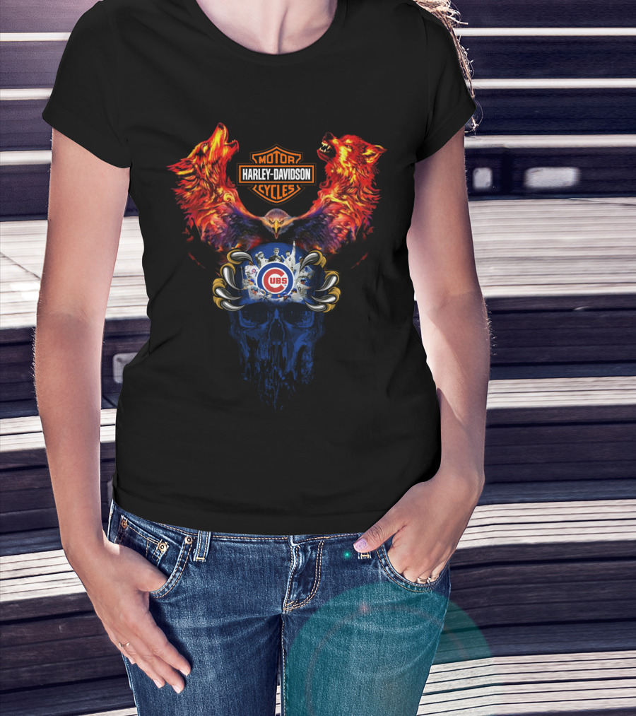 Harley Davidson Motorcycles Cubs Skull Wolf 121 Mlb T-Shirt