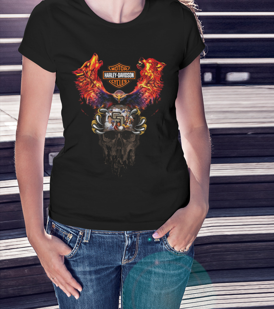Harley Davidson Motor Cycles Mlb Sdp Sd Padres Skull T-Shirt