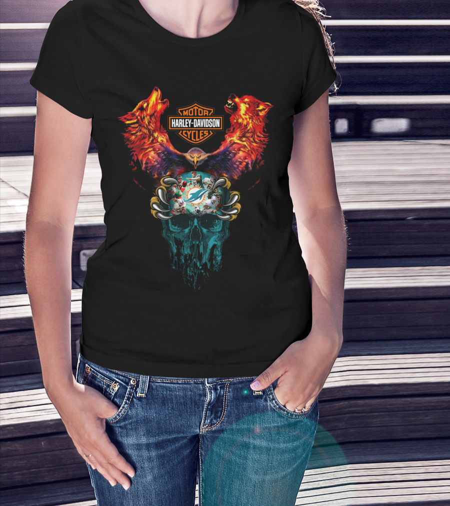 Harley Davidson Motor Cycles Miami Dolphins Wolves And Skull T-Shirt