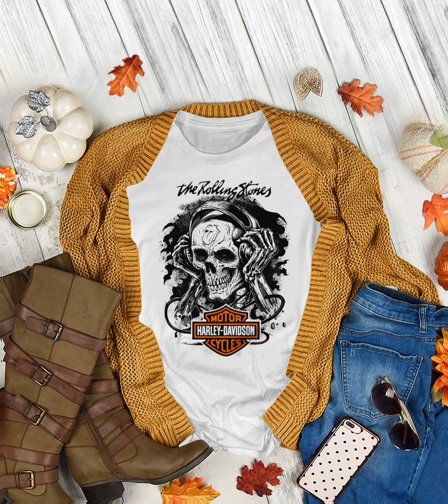 The Rolling Stones Harley Davidson Motor Cycles Skull Art T-Shirt