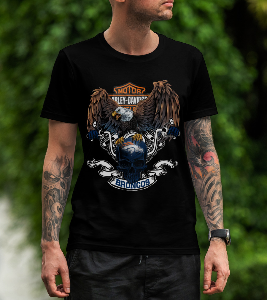 Nfl Denver Broncos Harley Davidson Eagle Skull T-Shirt