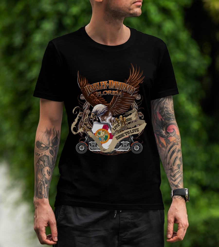 Harley Davidson Florida Live To Ride Eagle And Motorcycle Seal T-Shirt