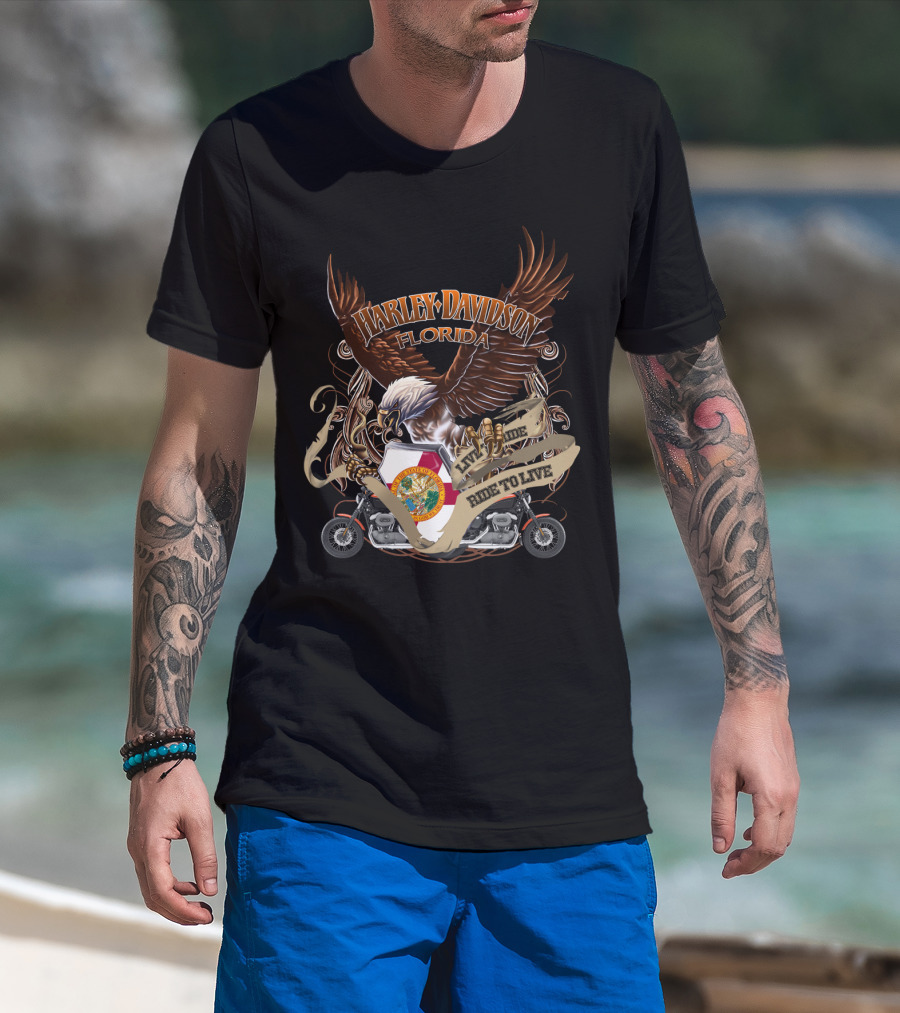 Harley Davidson Florida Live To Ride Eagle And Motorcycle Seal T-Shirt