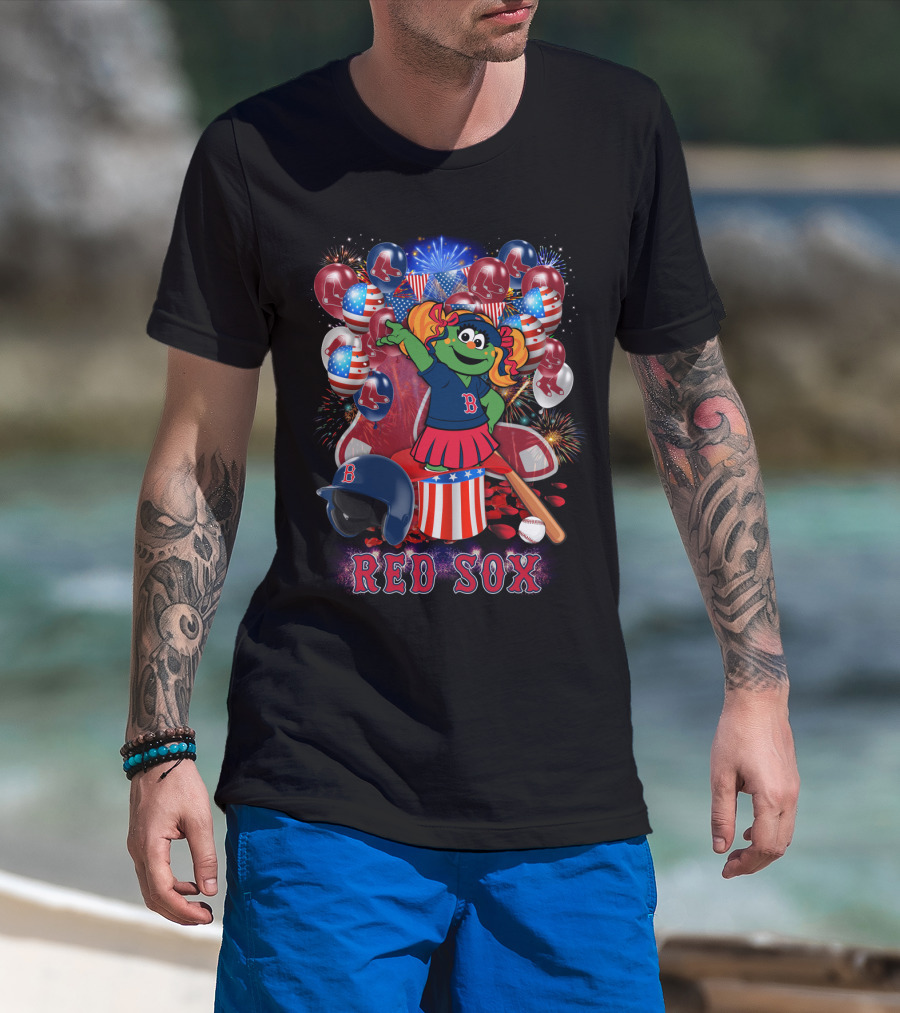 Boston Red Sox Patriotic Mascot Celebration Baseball Balloons Fireworks T-Shirt