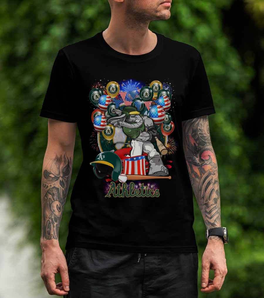 Mlb Oakland Athletics Fireworks Celebration With American Flags And Baseball Elements T-Shirt