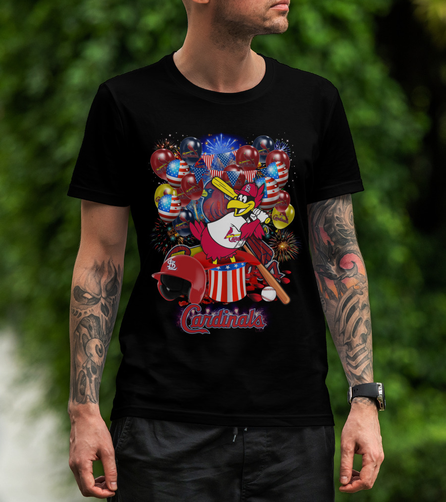 St Louis Cardinals Patriotic Fireworks And Balloons T-Shirt