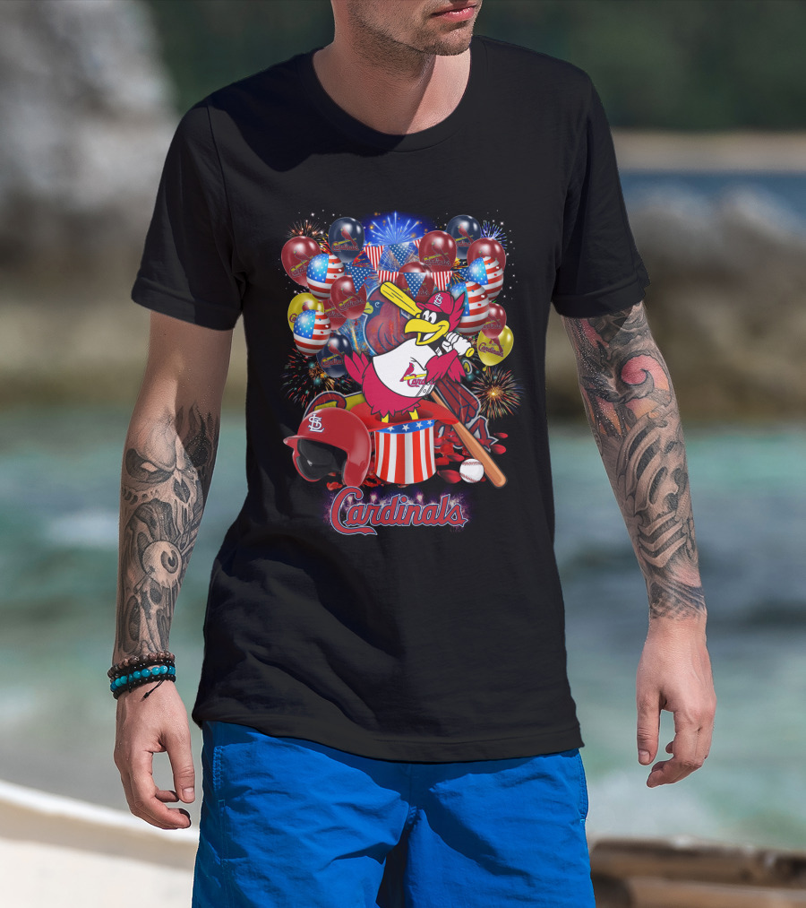 St Louis Cardinals Patriotic Fireworks And Balloons T-Shirt