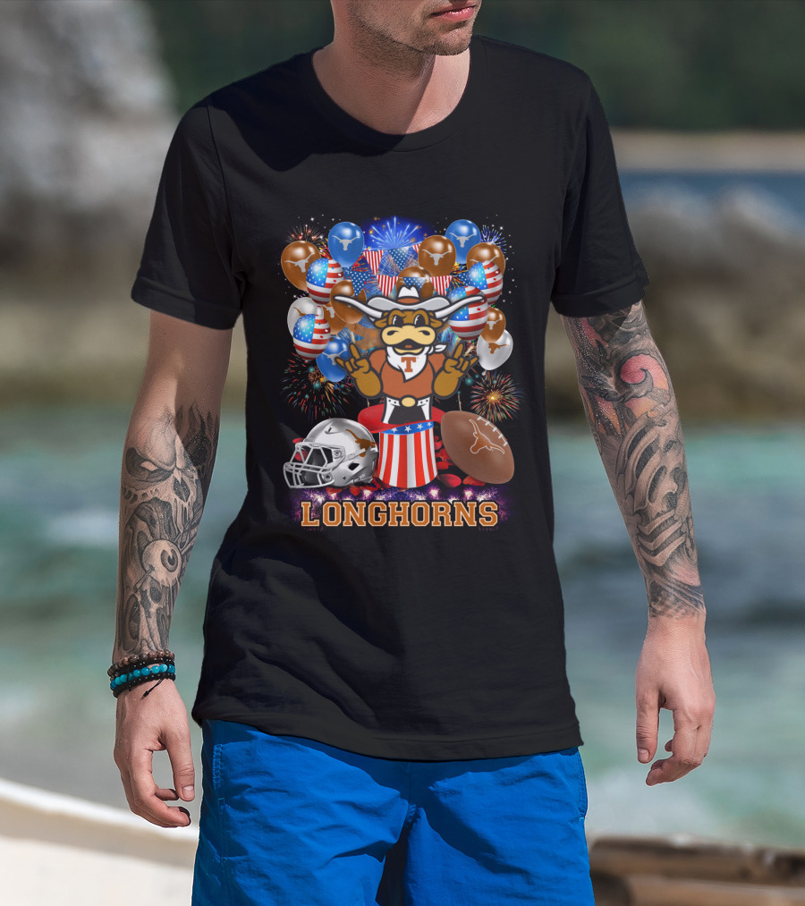 Ncaa Texas Longhorns Mascot Fireworks Balloons Helmet Football T-Shirt