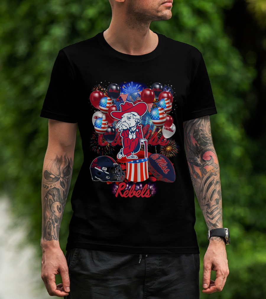 Ncaa2 Ole Miss Rebels Patriotic Balloons Fireworks Football Helmet Colonel Mascot Celebration T-Shirt