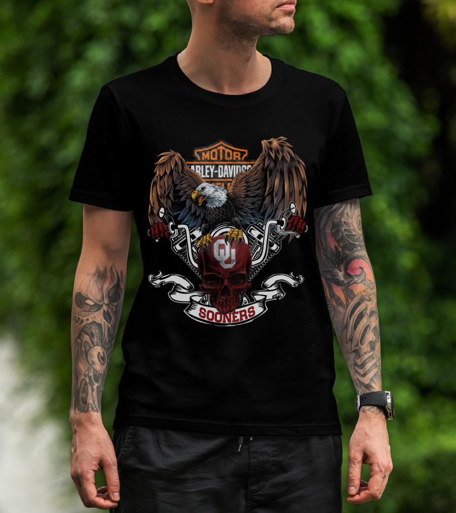 Motor Harley Davidson Cycles Oklahoma Sooners Bald Eagle Skull T-Shirt