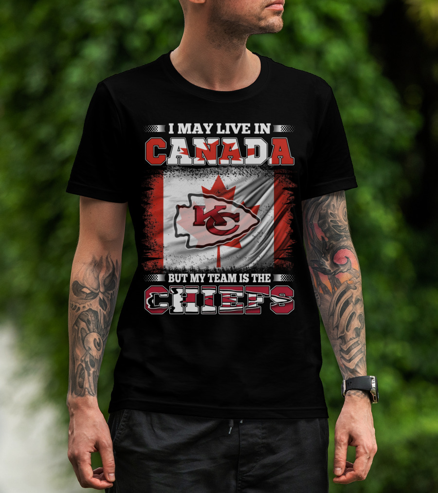 Chiefs Enthusiast Living In Canada With Kansas City Logo And Canadian Flag Background T-Shirt