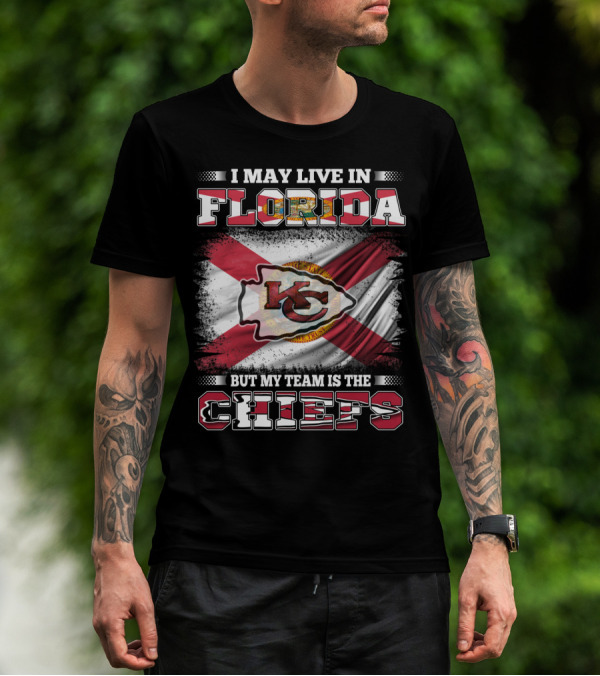 I May Live In Florida But My Team Is The Chiefs KC Logo Florida Flag T-Shirt