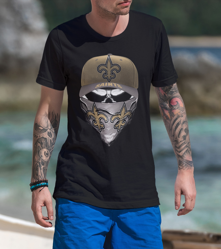 New Orleans Saints Fleur-De-Lis Skull Mask And Cap T-Shirt