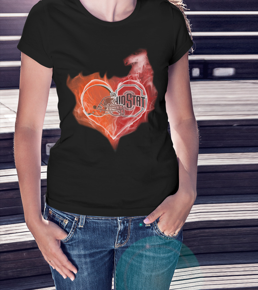 Browns Ohio State Buckeyes Flaming Heart T-Shirt