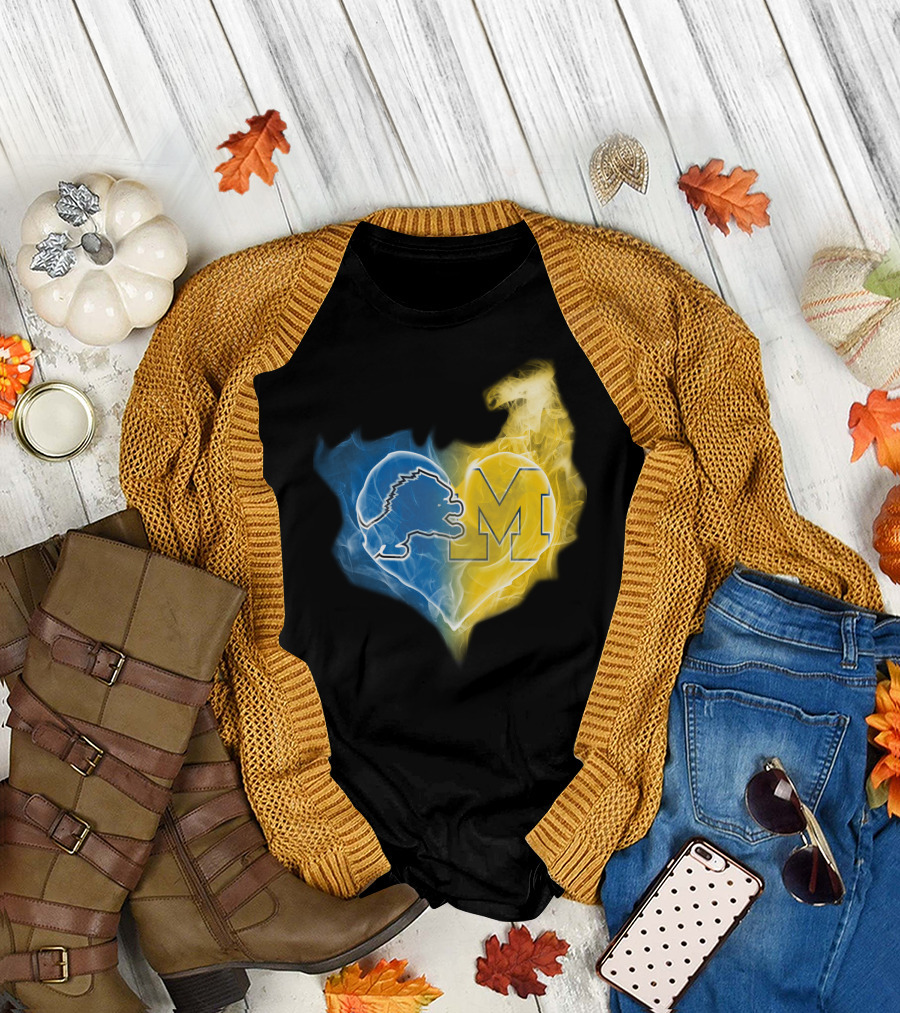 Lions Michigan Wolverines Heart Logo Emblem T-Shirt