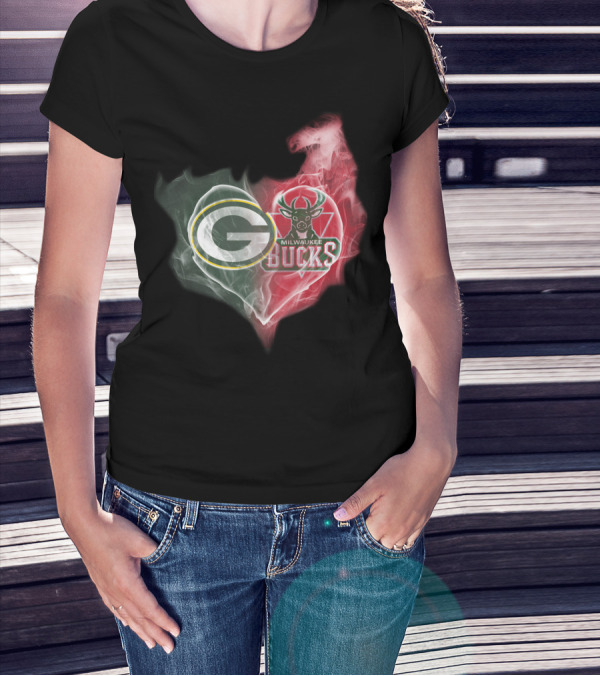 Green Bay Packers And Milwaukee Bucks Heart Fusion T-Shirt