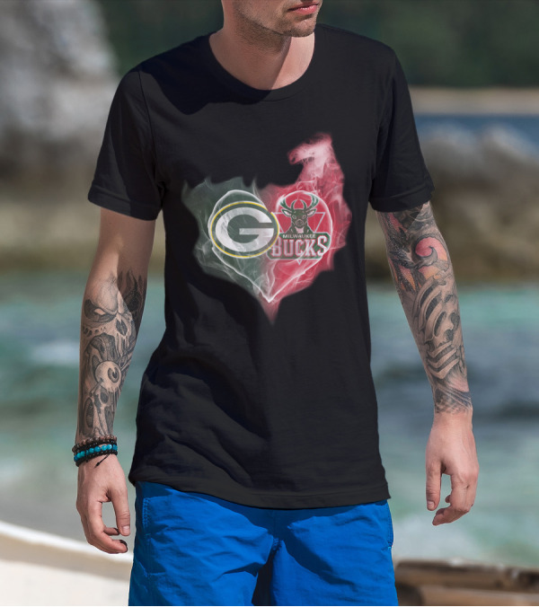 Green Bay Packers And Milwaukee Bucks Heart Fusion T-Shirt