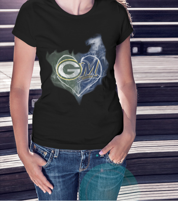 Green Bay Packers Milwaukee Brewers Heart T-Shirt