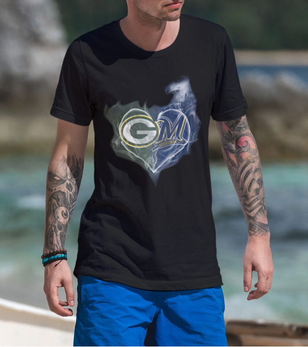Green Bay Packers Milwaukee Brewers Heart T-Shirt