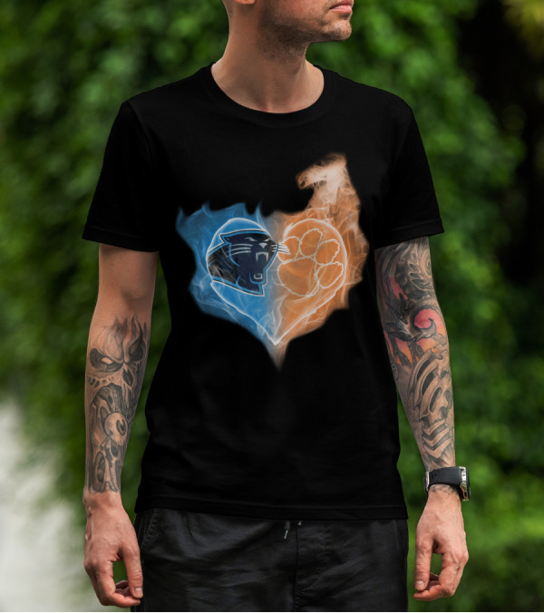 Carolina Panthers Clemson Tigers Heart Logo Fire And Ice T-Shirt