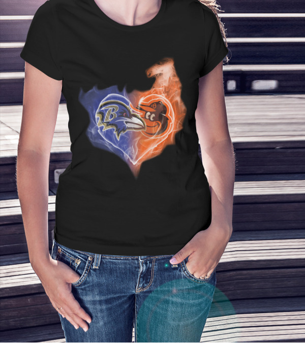 Baltimore Ravens Orioles Heart Flame T-Shirt