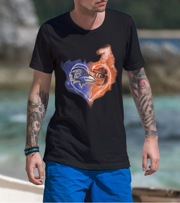 Baltimore Ravens Orioles Heart Flame T-Shirt