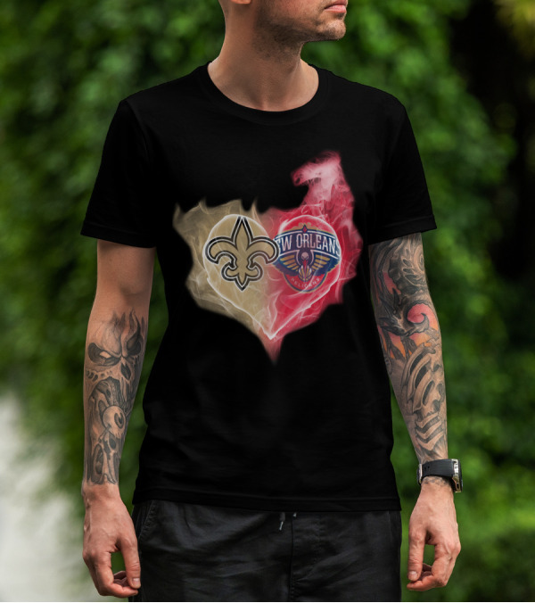 New Orleans Saints Pelicans Heart Logo Fusion T-Shirt