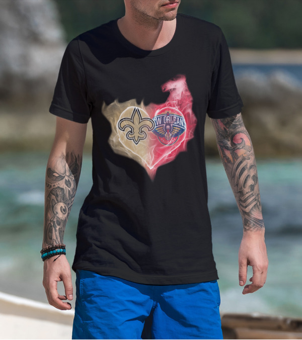 New Orleans Saints Pelicans Heart Logo Fusion T-Shirt