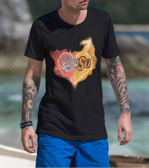 Thunder OKC And OSU Cowboys Flame Heart T-Shirt