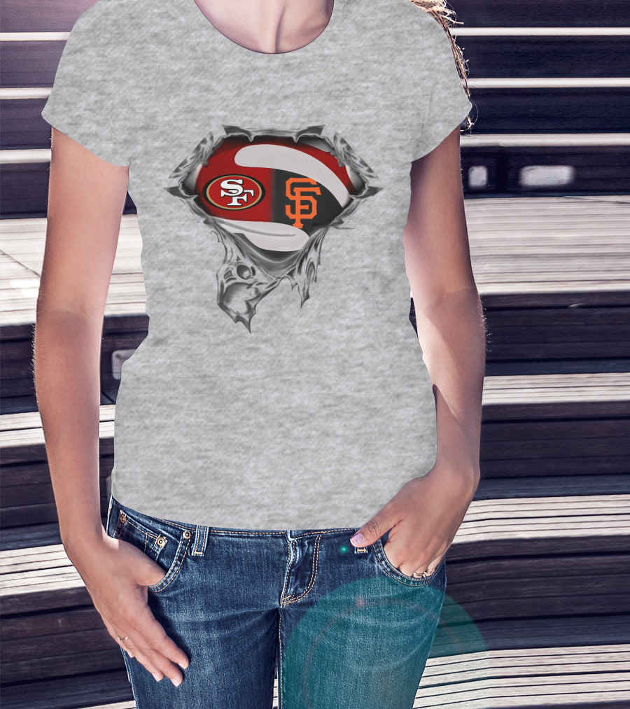 Sf 49ers And Giants Logos Inside Superhero Style T-Shirt