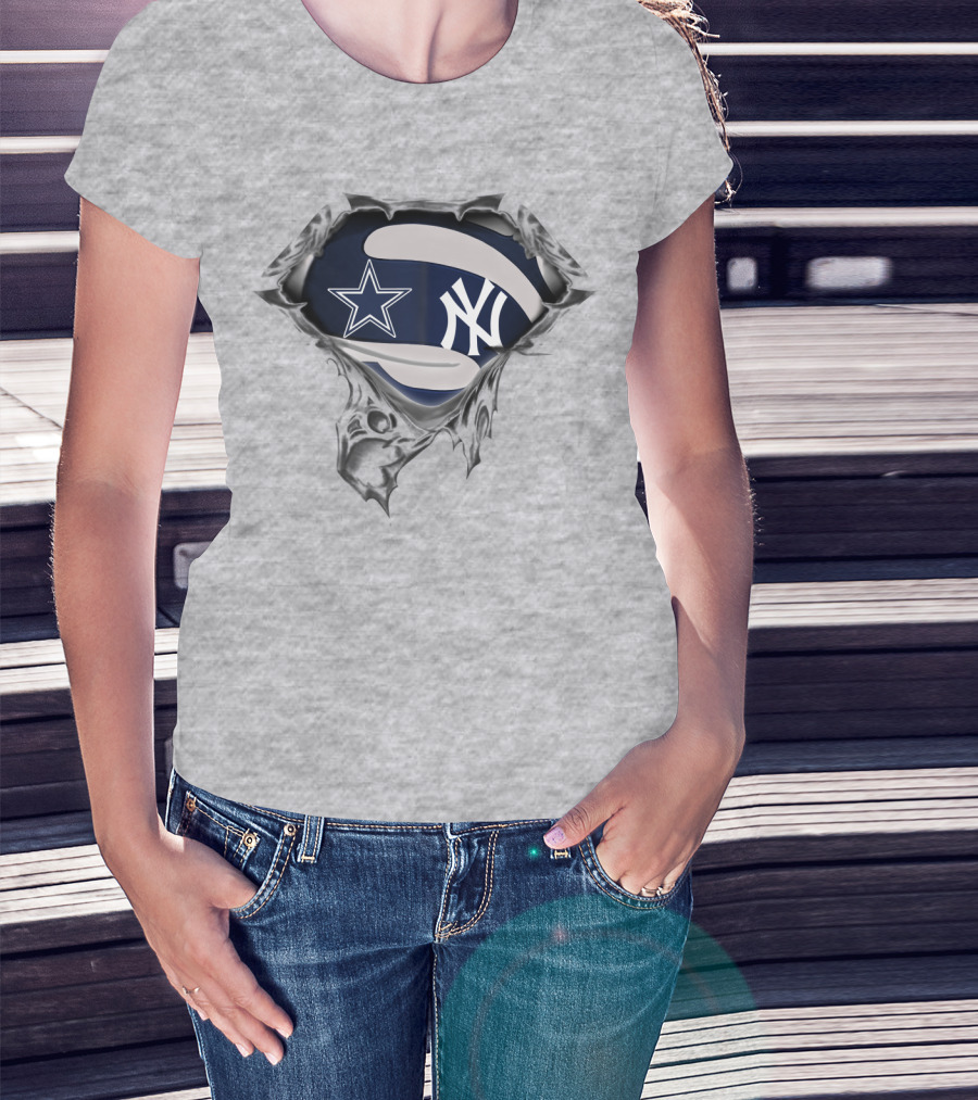 Cowboys Yankees Star And Ny Logo Fusion On Torn Fabric T-Shirt