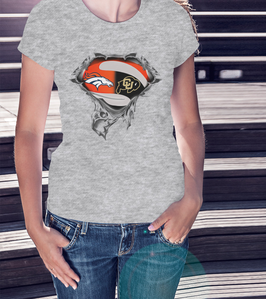 Denver Broncos Colorado Buffaloes Logo Superman Rip T-Shirt