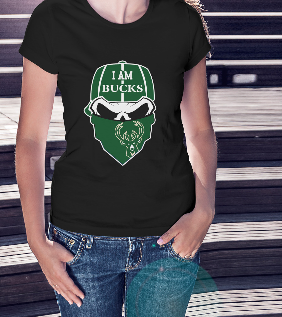 I Am Bucks Milwaukee Bucks Skull With Logo Bandana T-Shirt